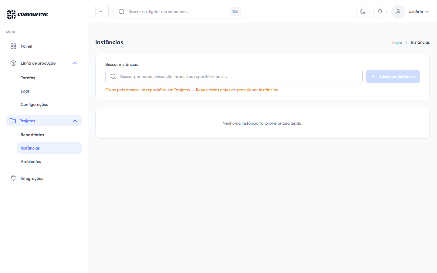 Instâncias Docker provisionadas na Coderdyne